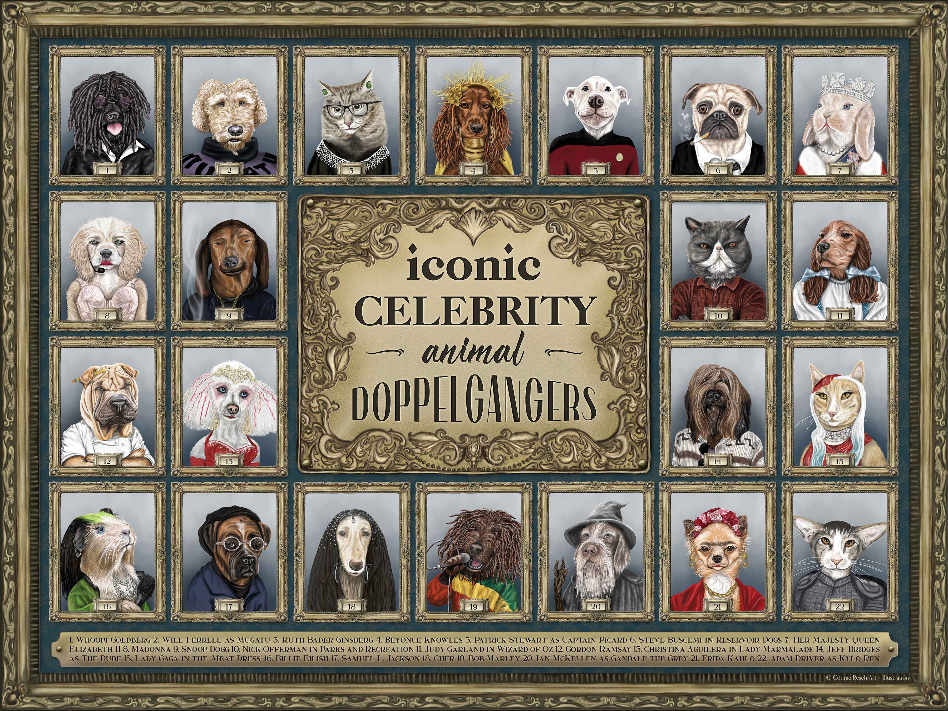 A puzzle gallery of celebrity animal doppelgangers with artist Connie Reshs whimsical collection of animal superstar look-alikes.