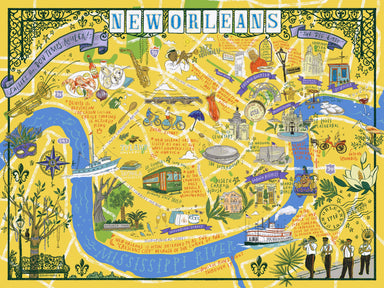 Founded in 1718, and nestled between the Mississippi River and the Gulf of Mexico, the port city of New Orleans, Louisiana is rich with diversity and adventure. Artist Evi Coates provides a fun and colorful map of the Crescent City’s many treasures. This puzzle will provide pictures and tidbits to bring the city to life in the comfort of your own home.