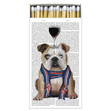 Small Rectangular box measures 4.25" X 2.25", has 45 matches and is wrapped in a clear translucent sleeve. Box is decorated with a bulldog wearing a British flag scarf while balancing a glass of red wine on his head. The background is newsprint. 