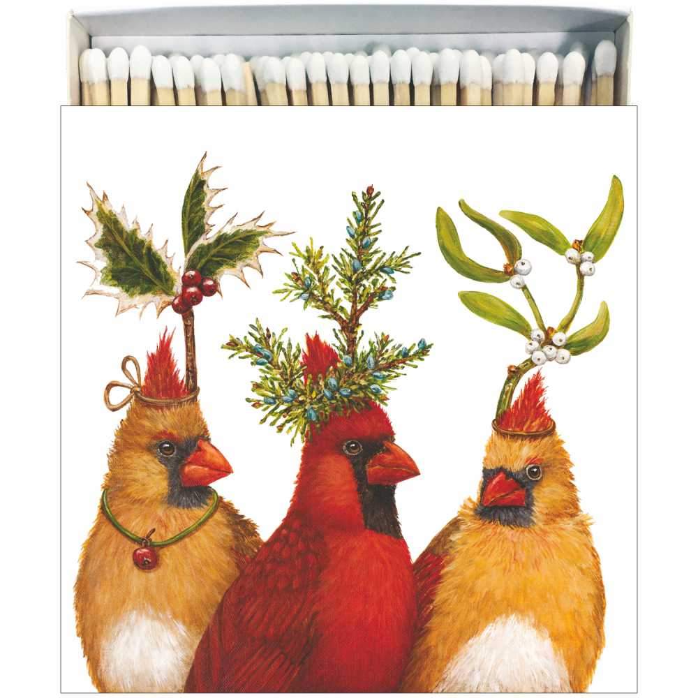 Large square box measures 4.25" square and has 60 matches in a reusable box. Box is decorated with one red and two yellow Cardinals wearing Christmas greenery crowns.