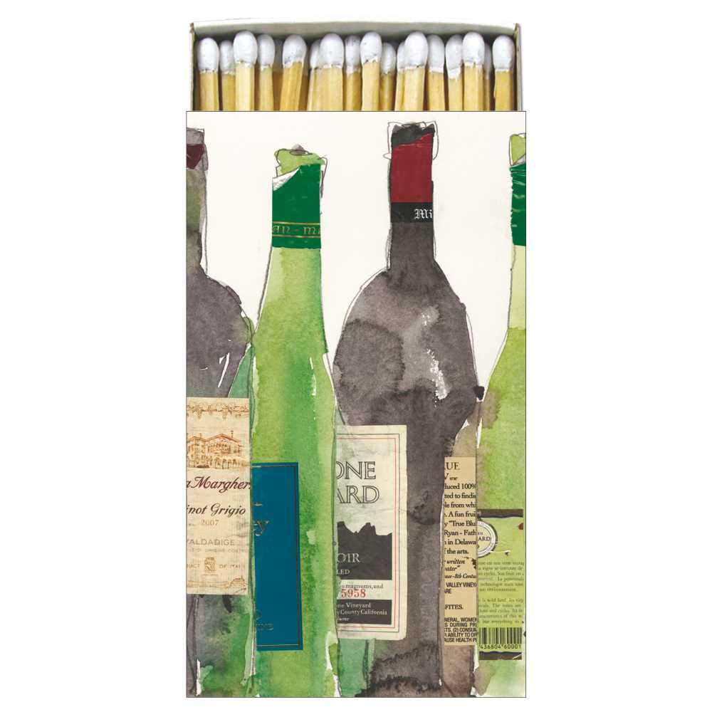 Small Rectangular box measures 4.25" X 2.25", has 45 matches and is wrapped in a clear translucent sleeve. Box is decorated with watercolor wine bottles. 