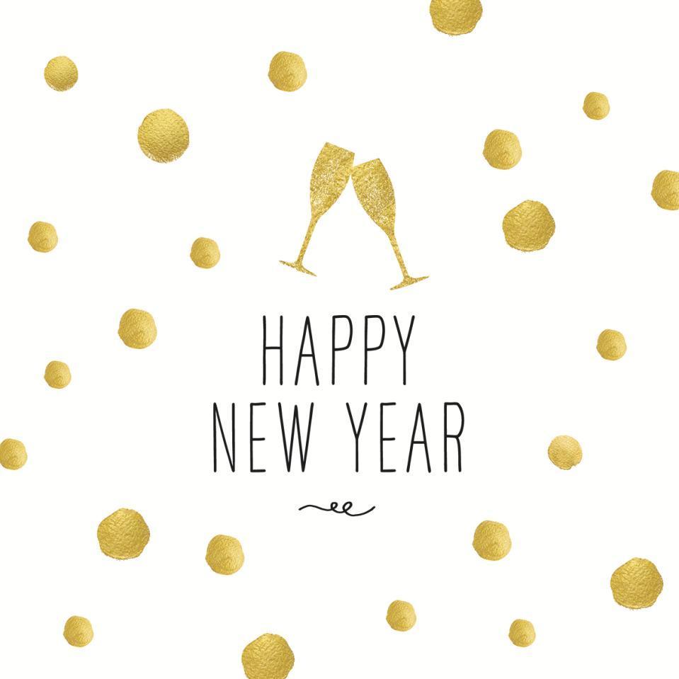 White napkin with gold, toasting champaine flutes and scattered gold dots. Happy New Year in black script.