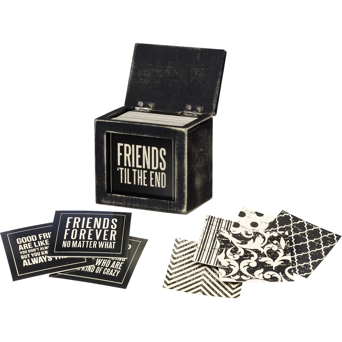 A black and white wooden hinged box with 80 double-sided friendship themed inspirational sayings.