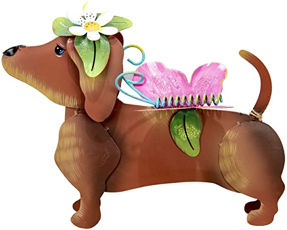 round top collection brown dachshund metal dress up in flower and butterfly
