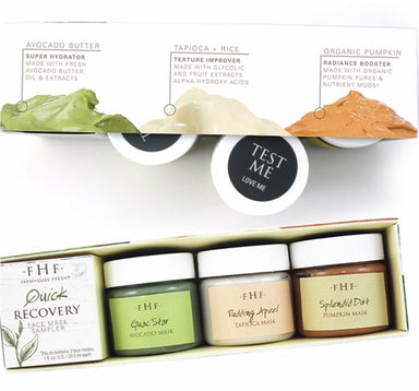 Our favorite fresh face masks have come together in the ultimate face-rejuvenation travel trio! This kit comes ready to hydrate with Guac Star Avocado Mask, boost radiance with Splendid Dirt Organic Pumpkin Mud Mask, and exfoliate to smooth perfection with Pudding Apeel Tapioca Glycolic Mask.