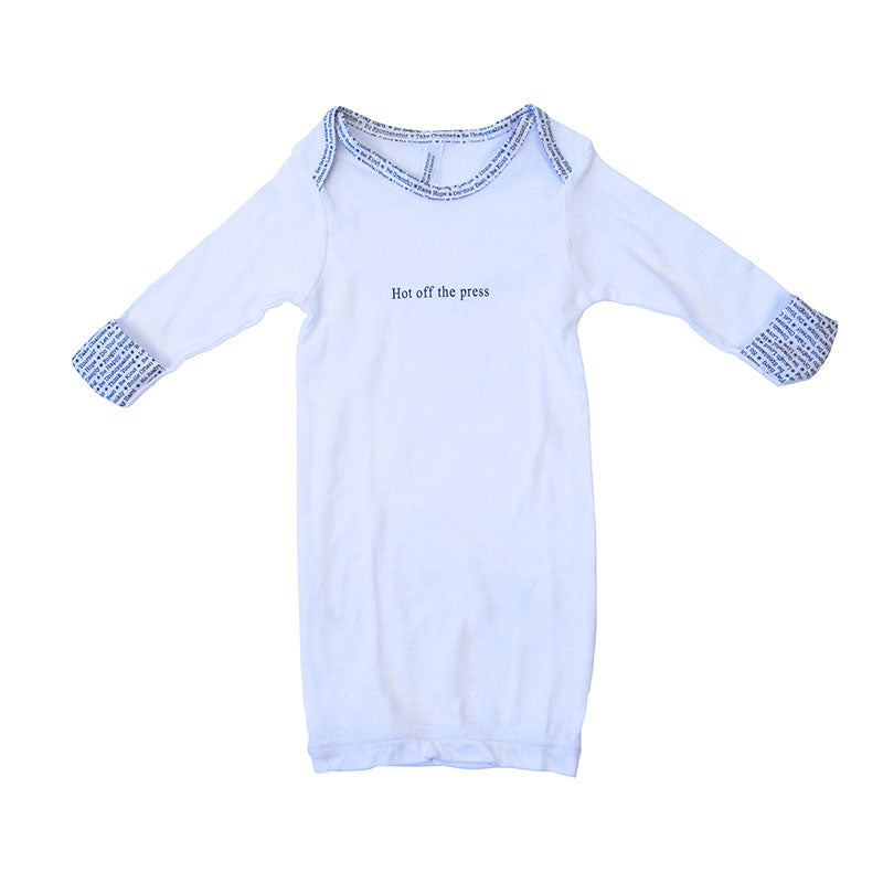 Slip these sweet sleepers on and introduce your baby to the world. These cotton sleepers feature a heartwarming silkscreened statement and lively, colorful neck and cuffs. The open bottom makes for easy on-off and simplified changes.  100% cotton Machine wash cold, no bleach; tumble dry low Open bottom Newborn size