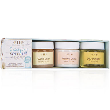 This Sweeping Softness Kit is packed with our best-selling, 3-step body product combination including Sweet Cream Sea Salt Scrub (an O-List favorite), Whoopie! Cream Shea Butter Cream (a Redbook MVP Beauty Award winner), and Agave Nectar Body Oil. Dry skin will be a thing of the past.  90-96% NATURAL | VEGAN | NOT GLUTEN-FREE* *contains barley extract