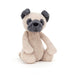 Bashful Pug is the perfect companion for anyone looking for a soft and cuddly friend. With its plump, beige tum and pebble-gray wrinkly muzzle, and pointy ears, this stuffed animal feels oh-so-soft and is 12"H x 5"W. An ideal companion for any home.  Care: Hand wash only; do not tumble dry, dry clean or iron. Not recommended to clean in a washing machine.