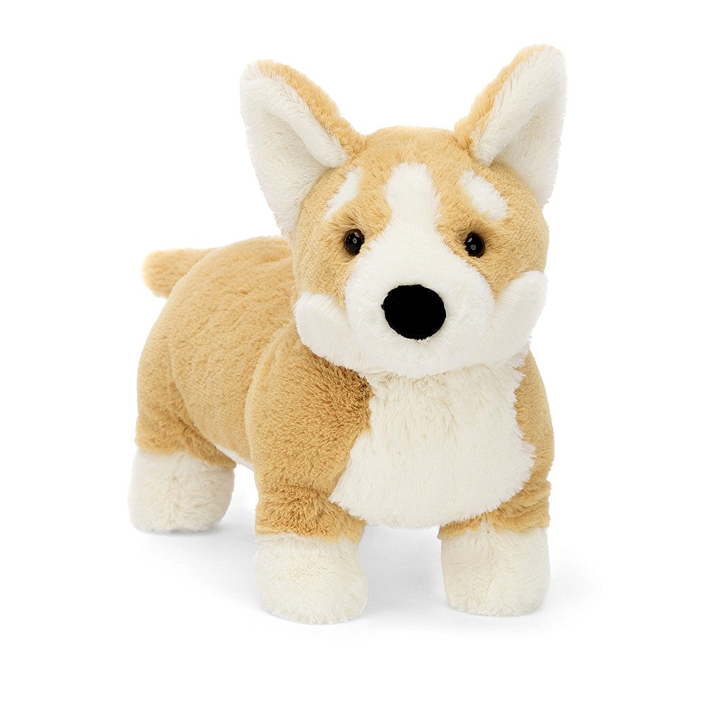 Betty Corgi is a pampered pooch with a beautifully unique coat - ginger fur with creamy splotches and paws, topped with a lovely inky nose. She has a squat build but is oh so cute!  Care: Hand wash only; do not tumble dry, dry clean or iron. Not recommended to clean in a washing machine.