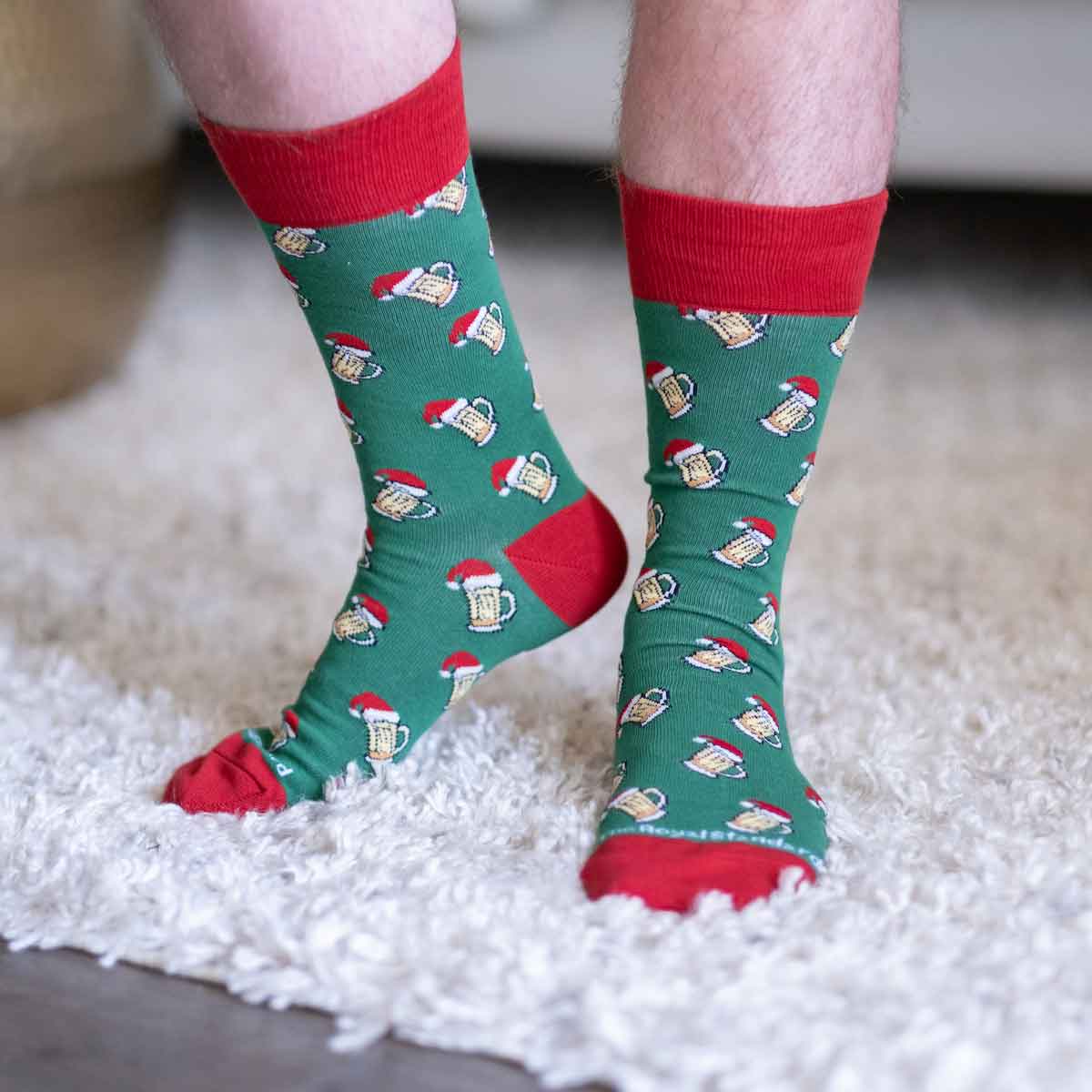 Men's Christmas Socks: Beer mug, Bulldog Santa and Nutcracker