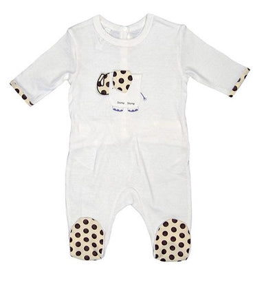 This adorable, white, footed onesie has a little pocket on the front with a cute animal theme. Polka dots on the ends of the sleeves and bottom of the feet add to the cuteness. The french closure on the back provides the perfect place to add a name or a monogram!  Size 0-6 Months and 6-12 Months  100% cotton 