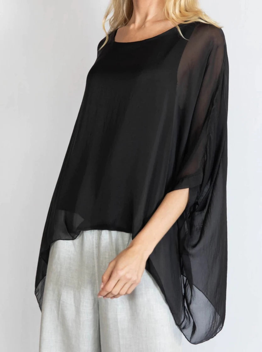 Martina Top by Cobblestone - black tank with sheer flowing overlay