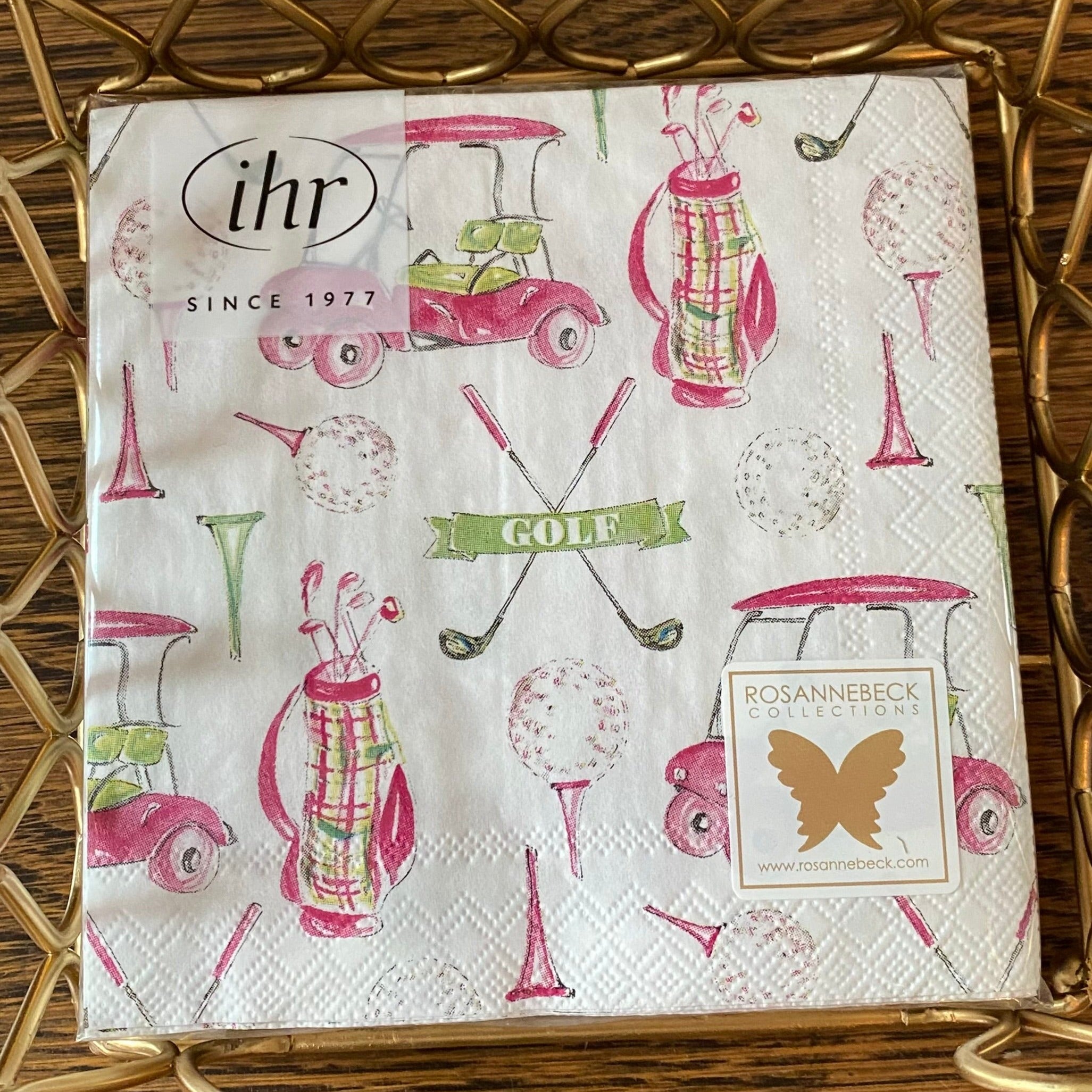 Cute golf themed cocktail napkins in a fun green and hot pink. Images include cute golf cart, tees, clubs and adorable plaid golf bag.