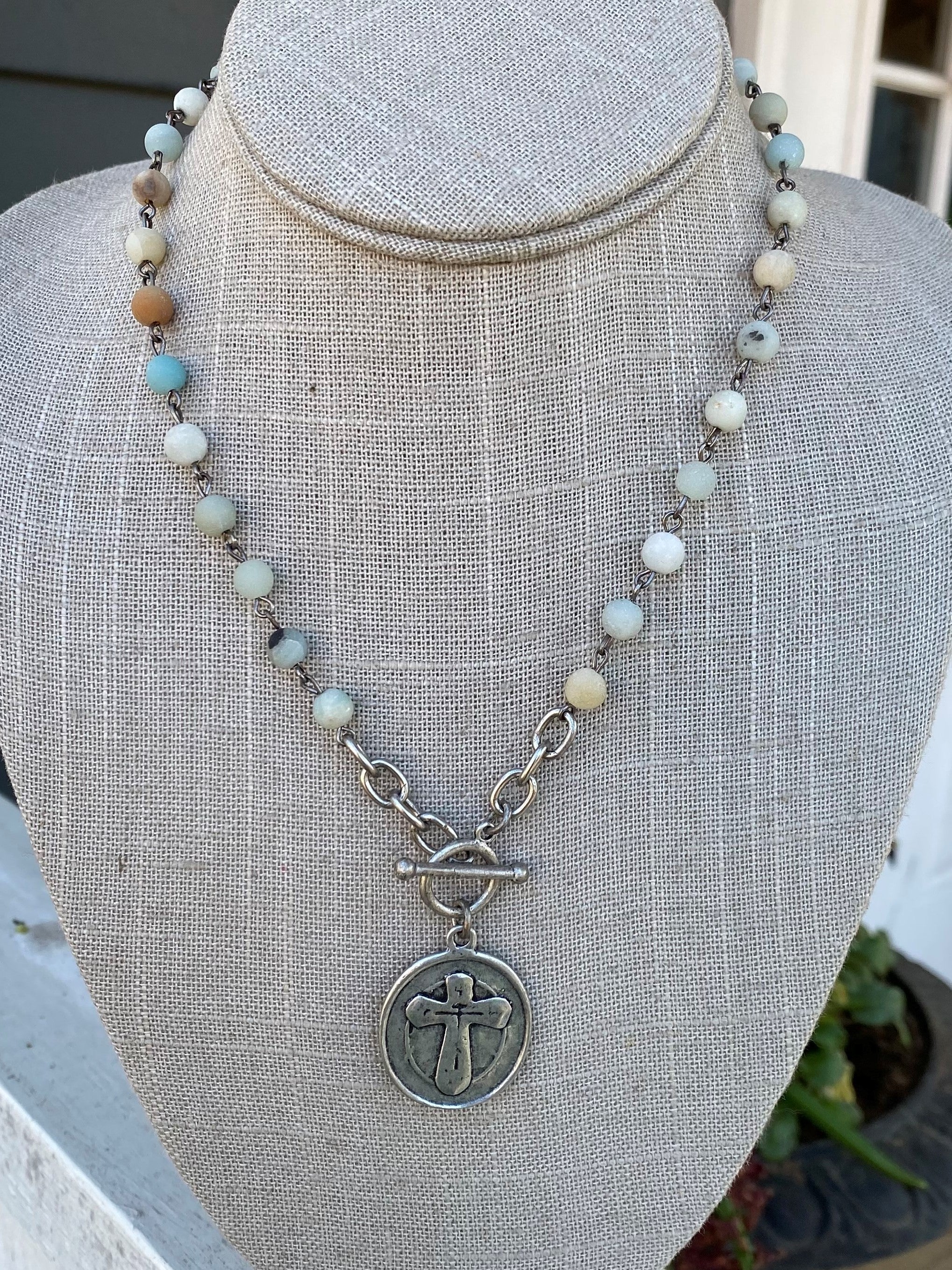 Beaded Necklace with Cross & Angel Charm