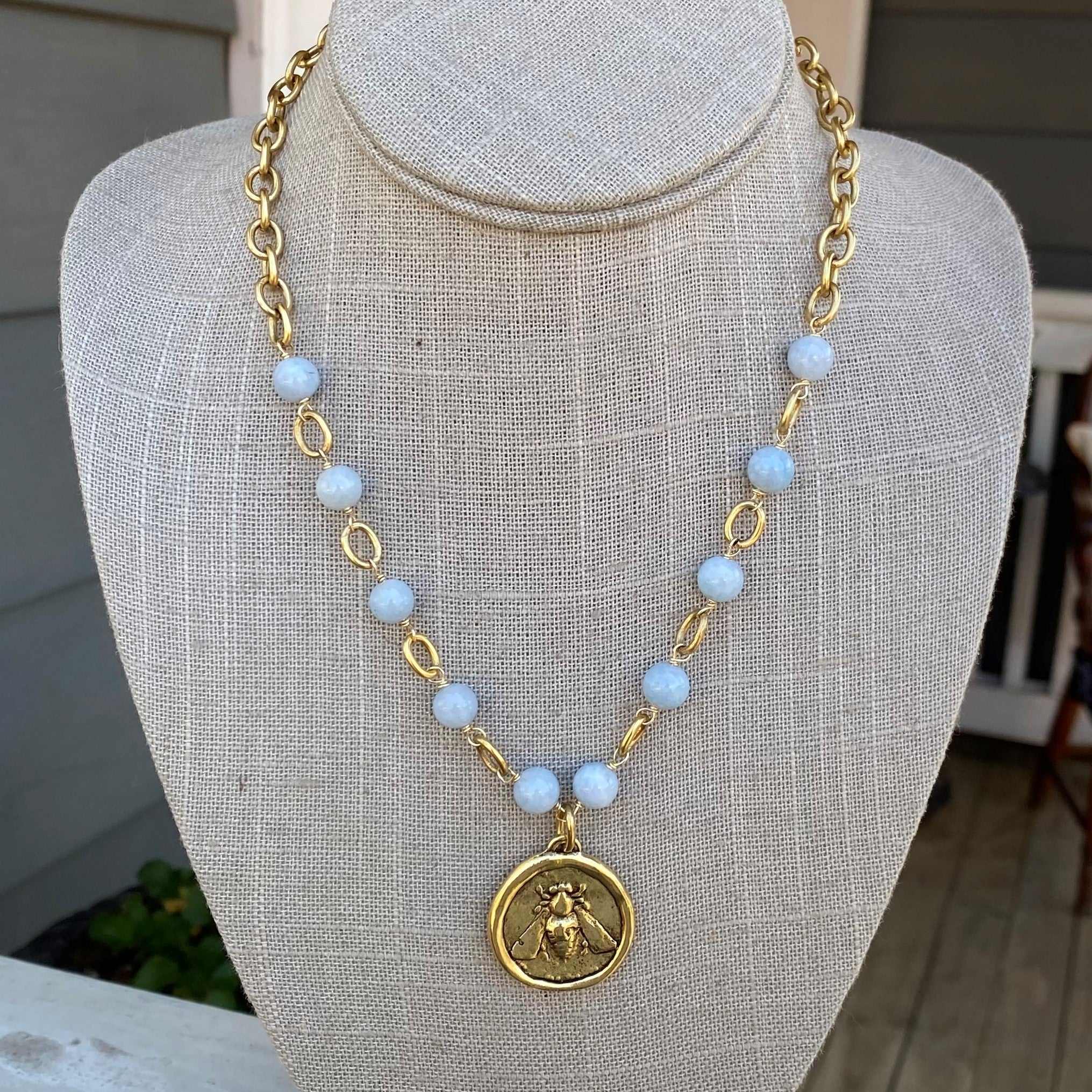 Beaded Necklace with Queen Bee Circle Pendant