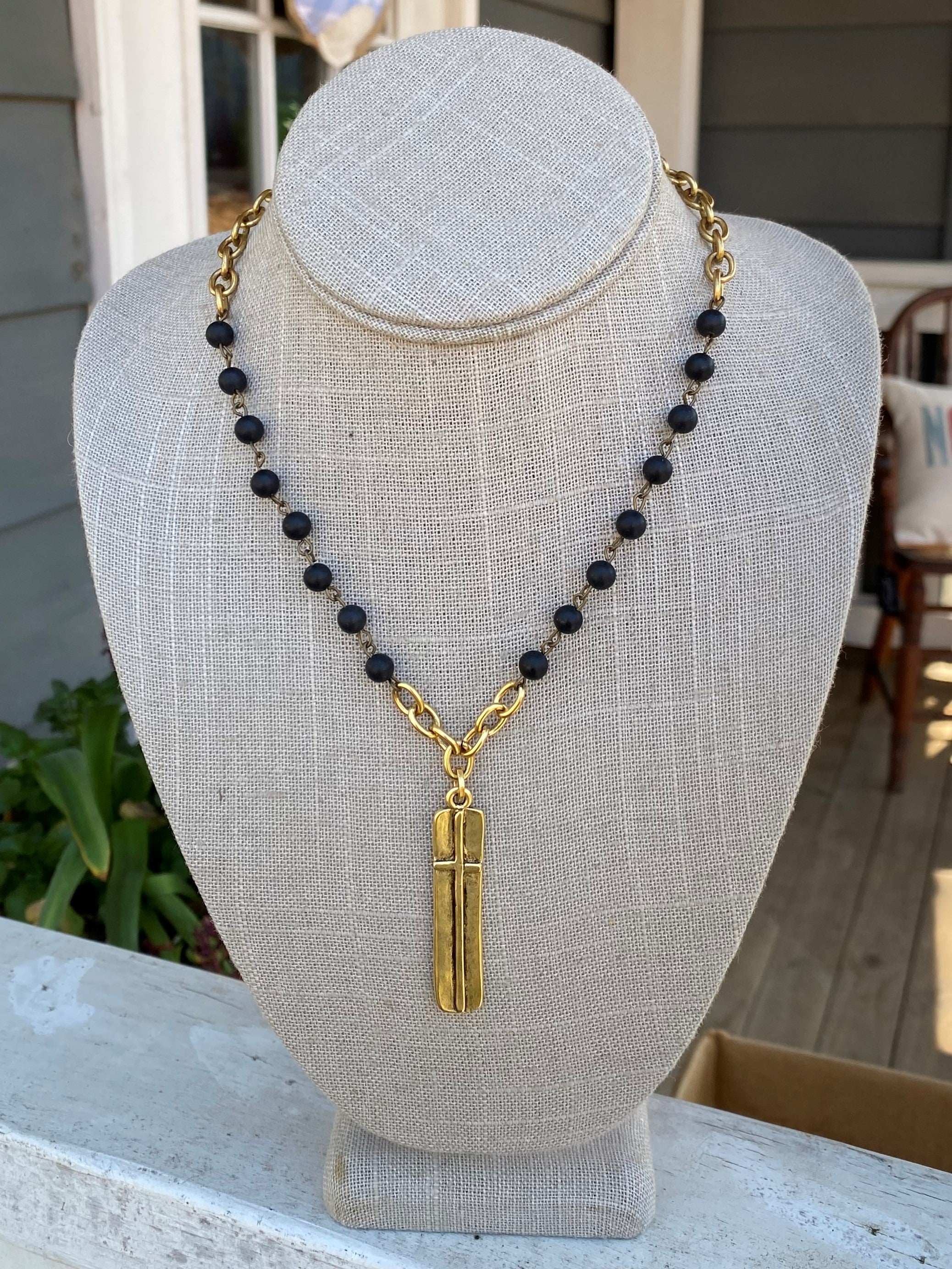 Beaded Necklace with Long Cross Pendant