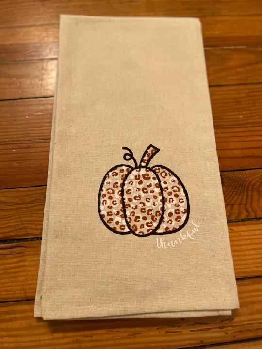 Fall Tea Towels: Leopard pumpkin, Orange plaid "Thankfulness"