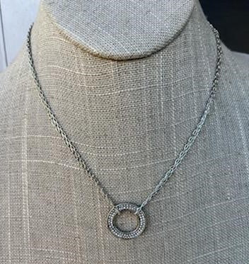 Double Chain Necklace with Rhinestone Circle Pendant