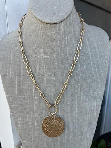 Gold Necklace with Large Hammered Round Drop