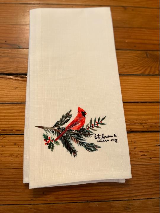 Christmas or Winter Tea Towels: Cardinal, Joy Wreath, 3 Green Trees, Red & Green Plain Set, Snowman with Red Top Hat, Embroidered Wreath