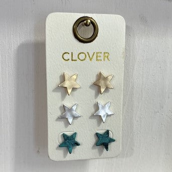 This is a fun set of star earrings in multiple colors! The set has a pair of earrings in gold, silver and green. These are great for any time of year and any occasion!