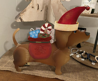 Adorable Christmas outfit for your metal Dacschund or Golden Lab! His Santa hat with jingle bell and present sack are perfect. 