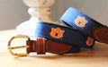 Auburn web belt with leather buckle. Blue ribbon with orange logo.