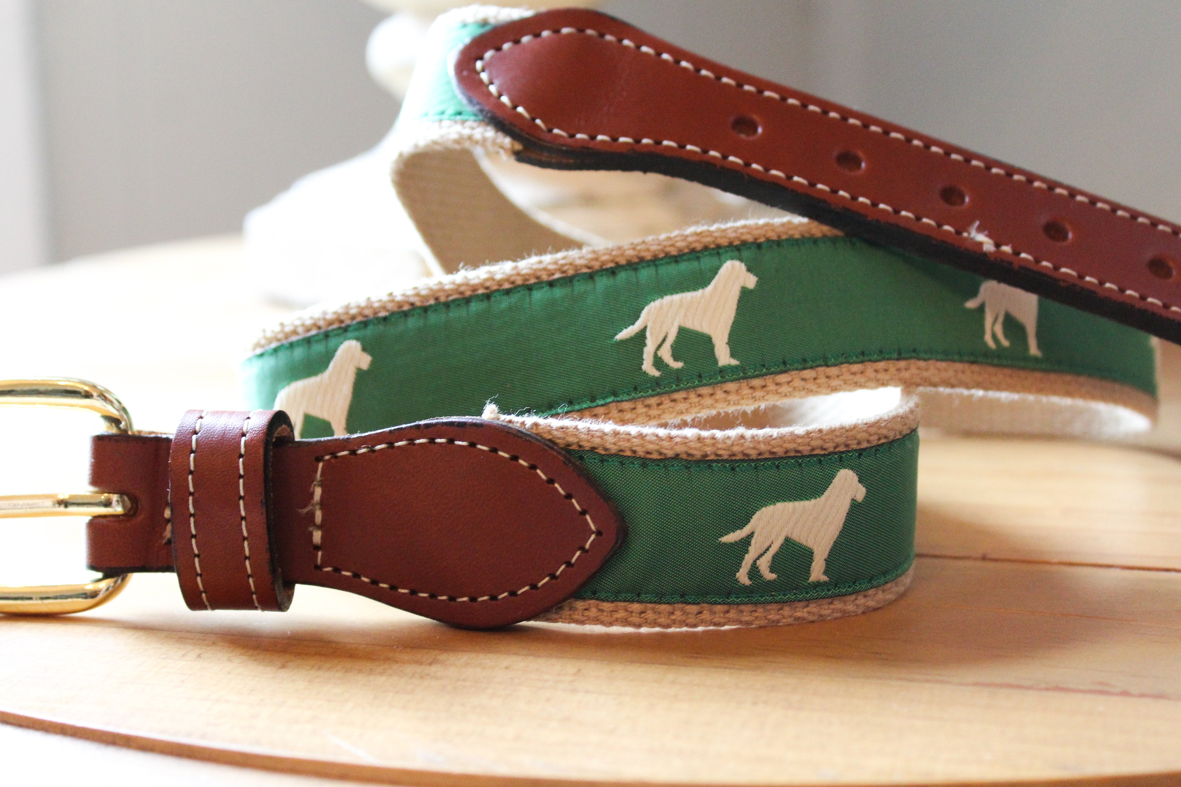 Green with White Labrador Ribbon Webbed Leather Belts