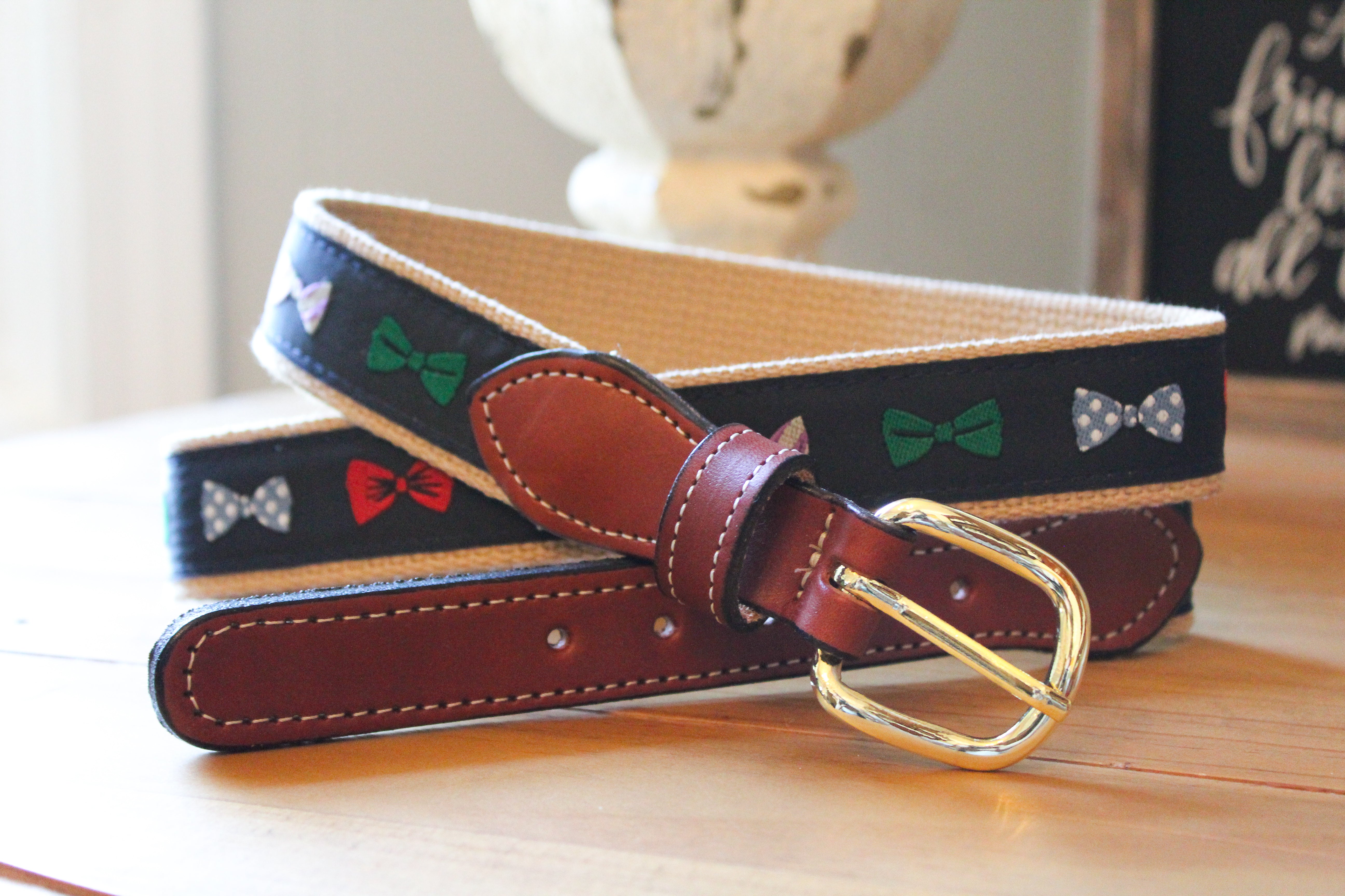 Navy with Bow Tie  Ribbon Webbed Leather Belts