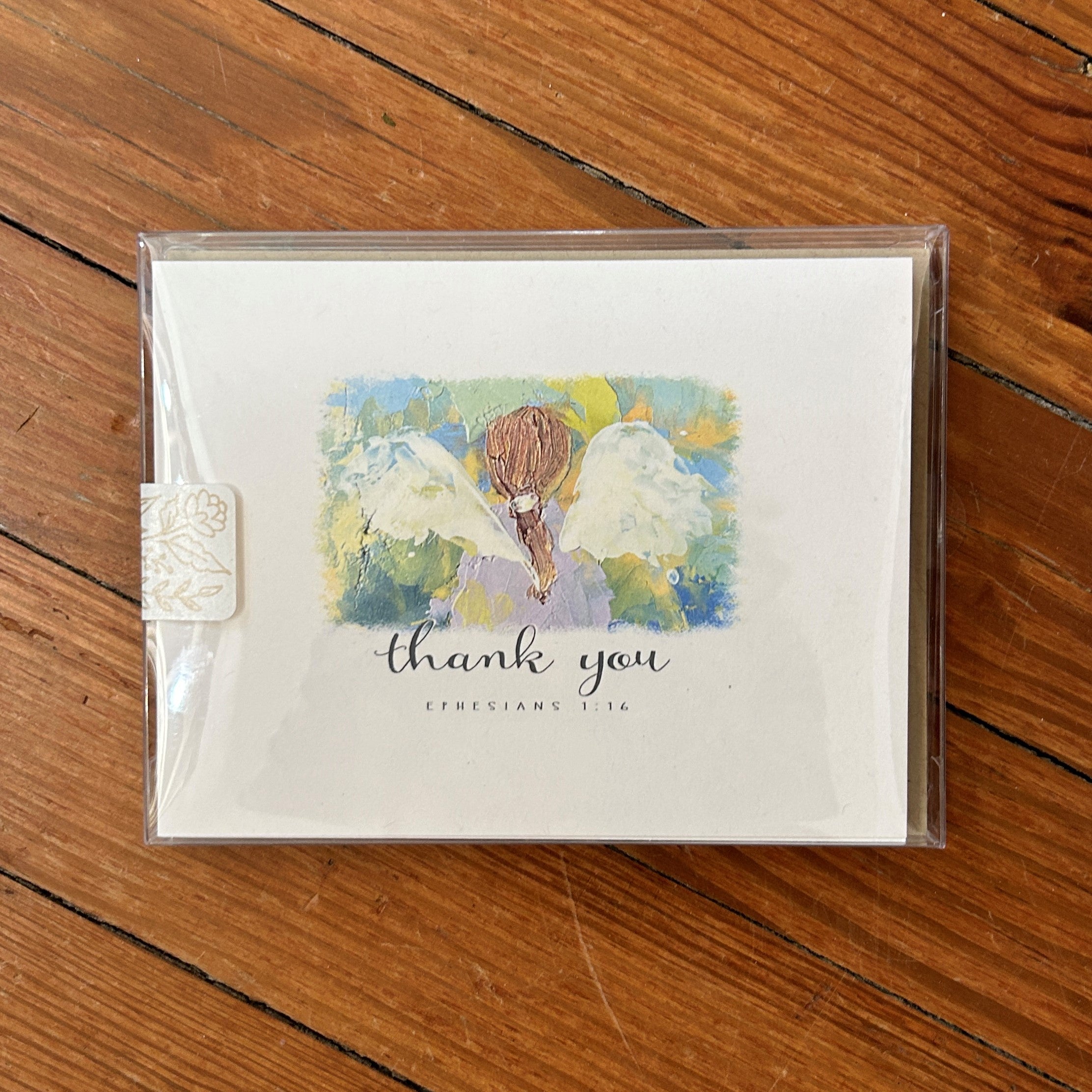 Perfect for any occasion, this Angel Thank You Cart Set (of 8) contains an A2 size card printed on recycled natural white cover stock with a recycled brown kraft envelope. Featuring a beautiful Scripture verse (Ephesians 1:16), the card is blank inside, allowing you to include a personal message. It's proudly made in the USA.