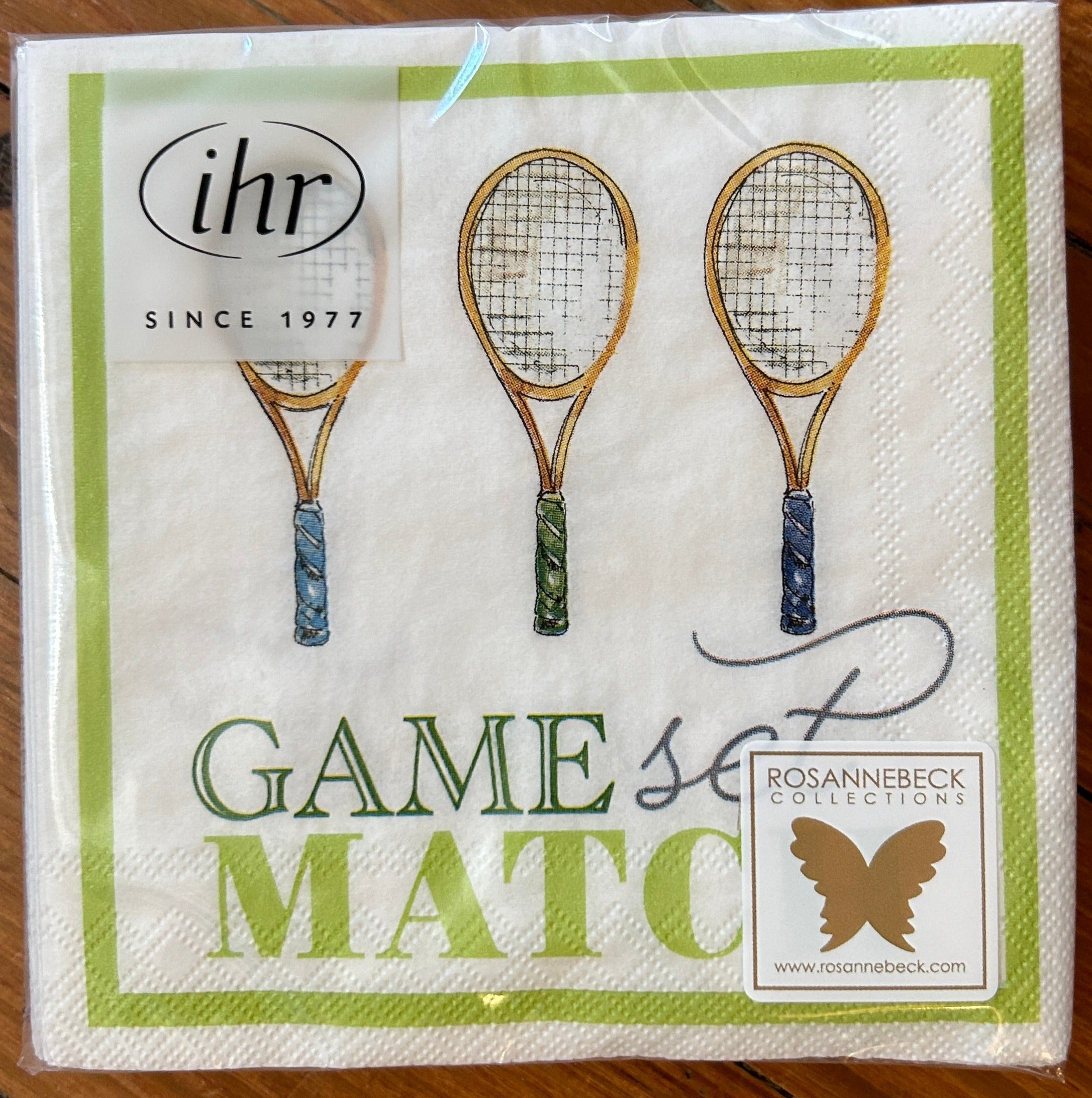 Game Set Match Tennis themed cocktail napkins in spring colors.. 
