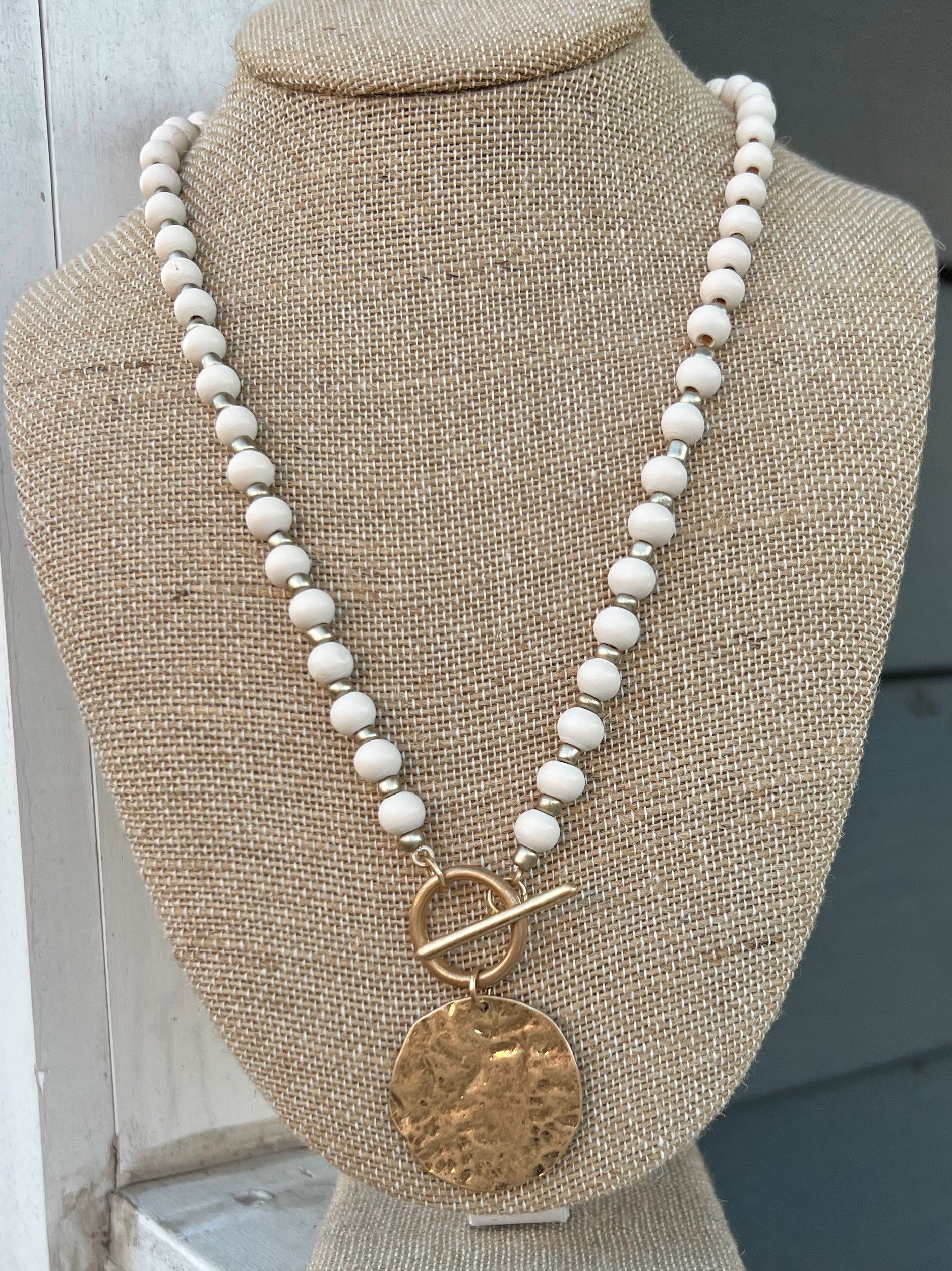 Wood Beaded Necklace with Hammered Gold Coin