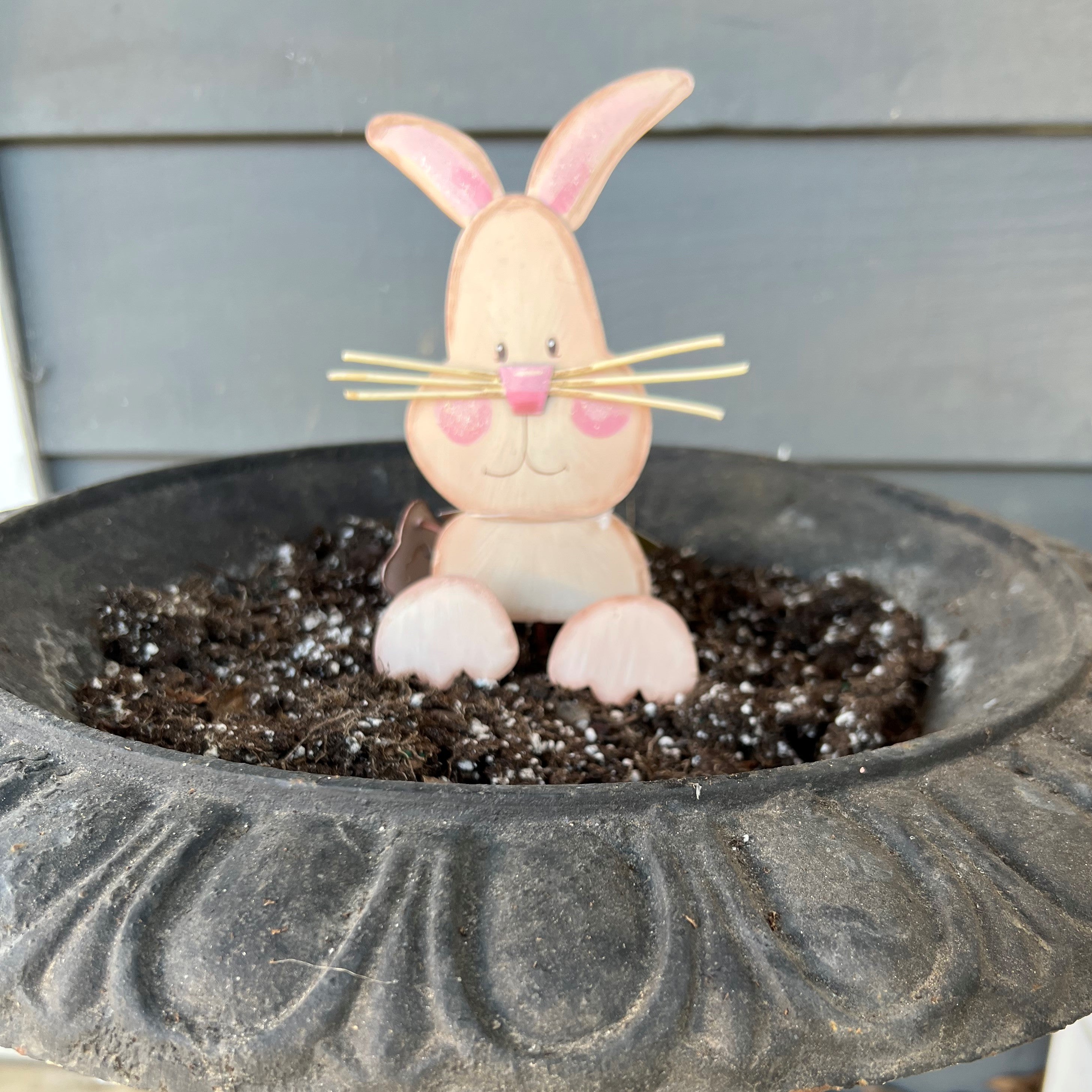This cute bunny stake will look adorable hopping thru your flowers this Easter.  The adorable feet and tail are the cutest! This bunny and parts have the stakes attached.