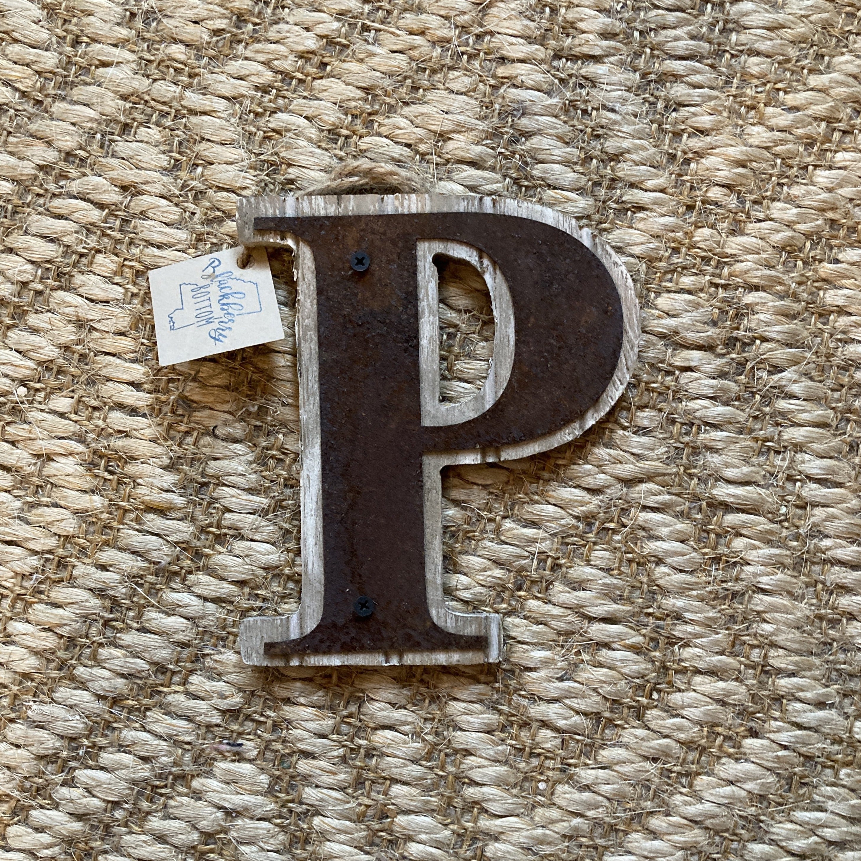 Handcrafted Initial P - Rusty Metal on Distressed Wood