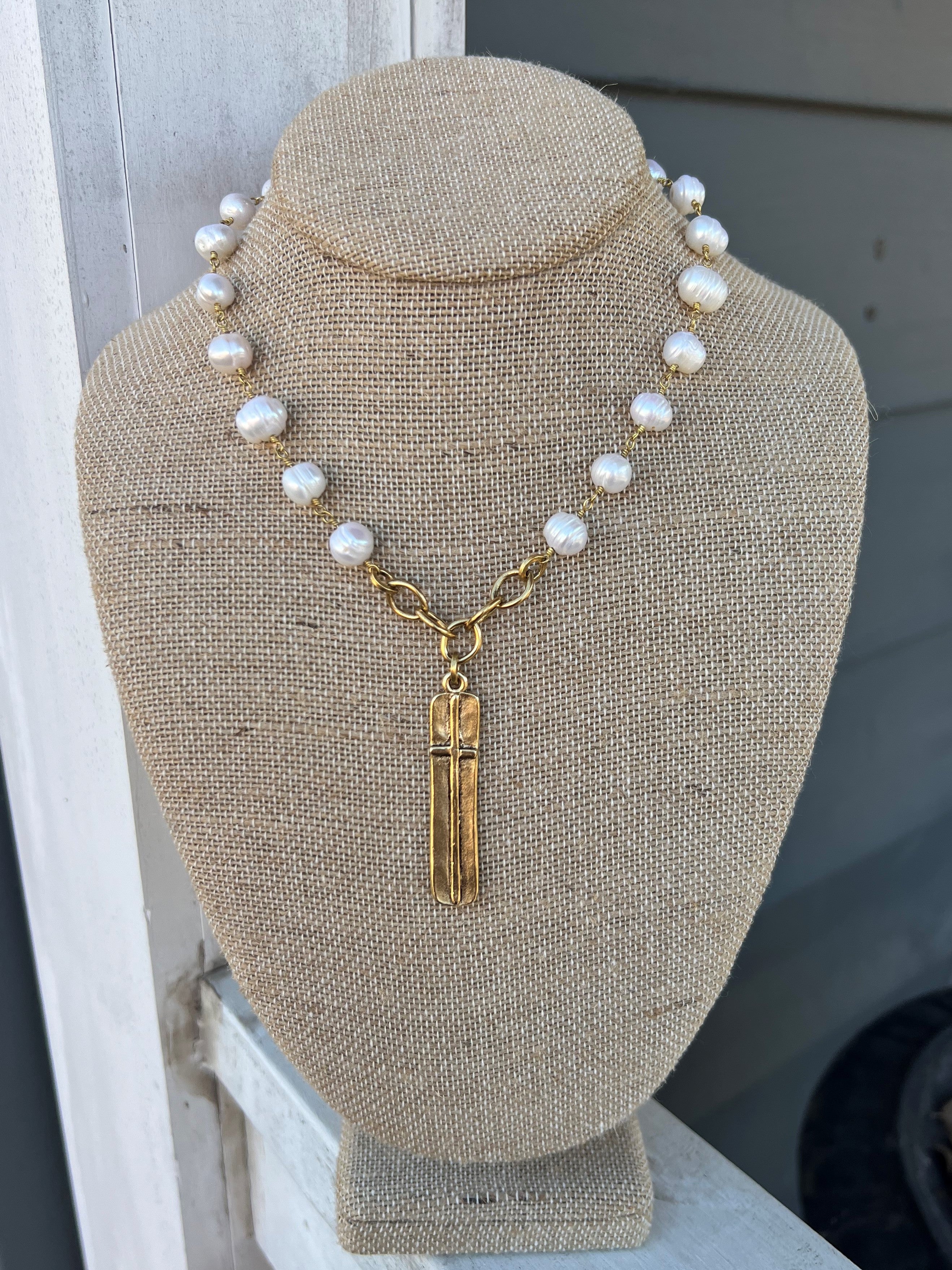 Beaded Necklace with Long Cross Pendant