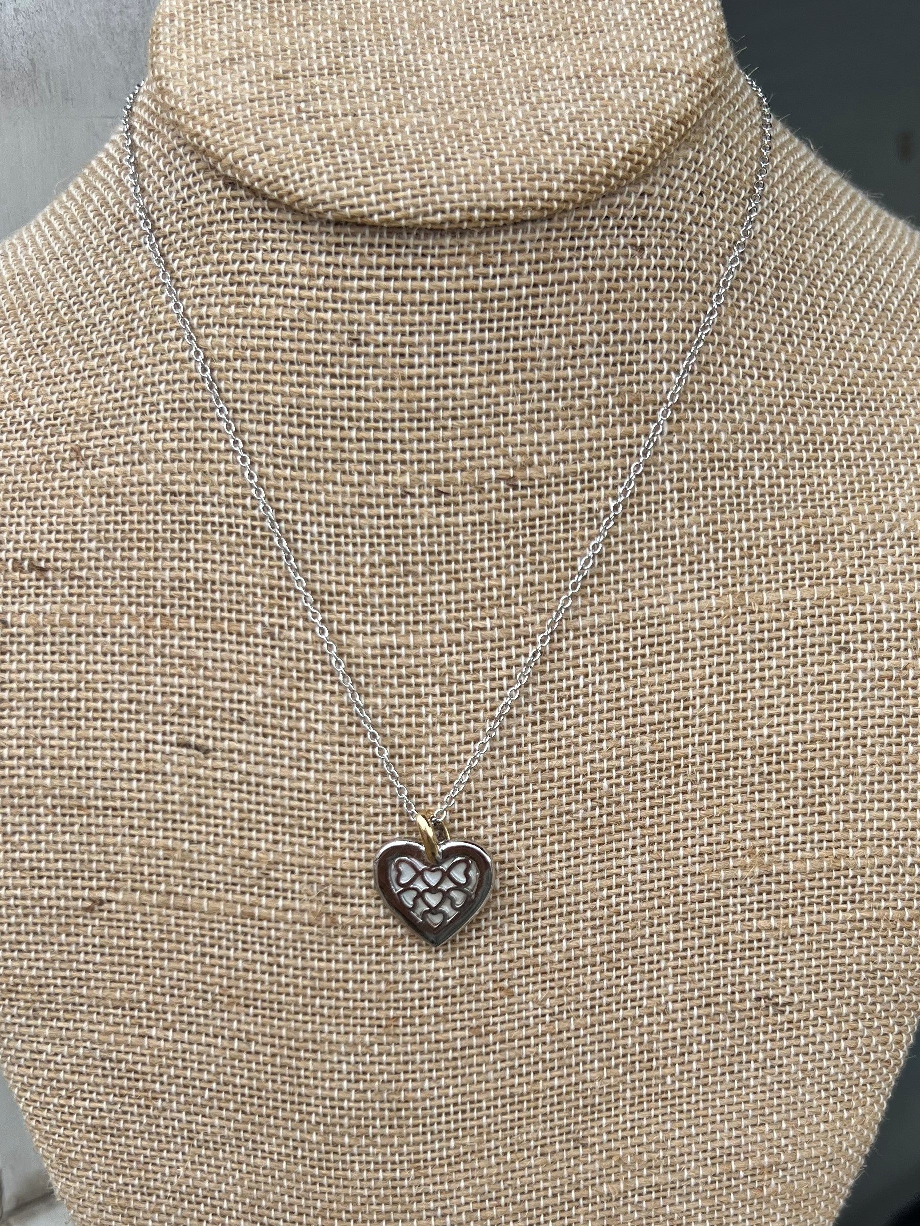 Silver Heart Necklace Trimmed in Rhinestones