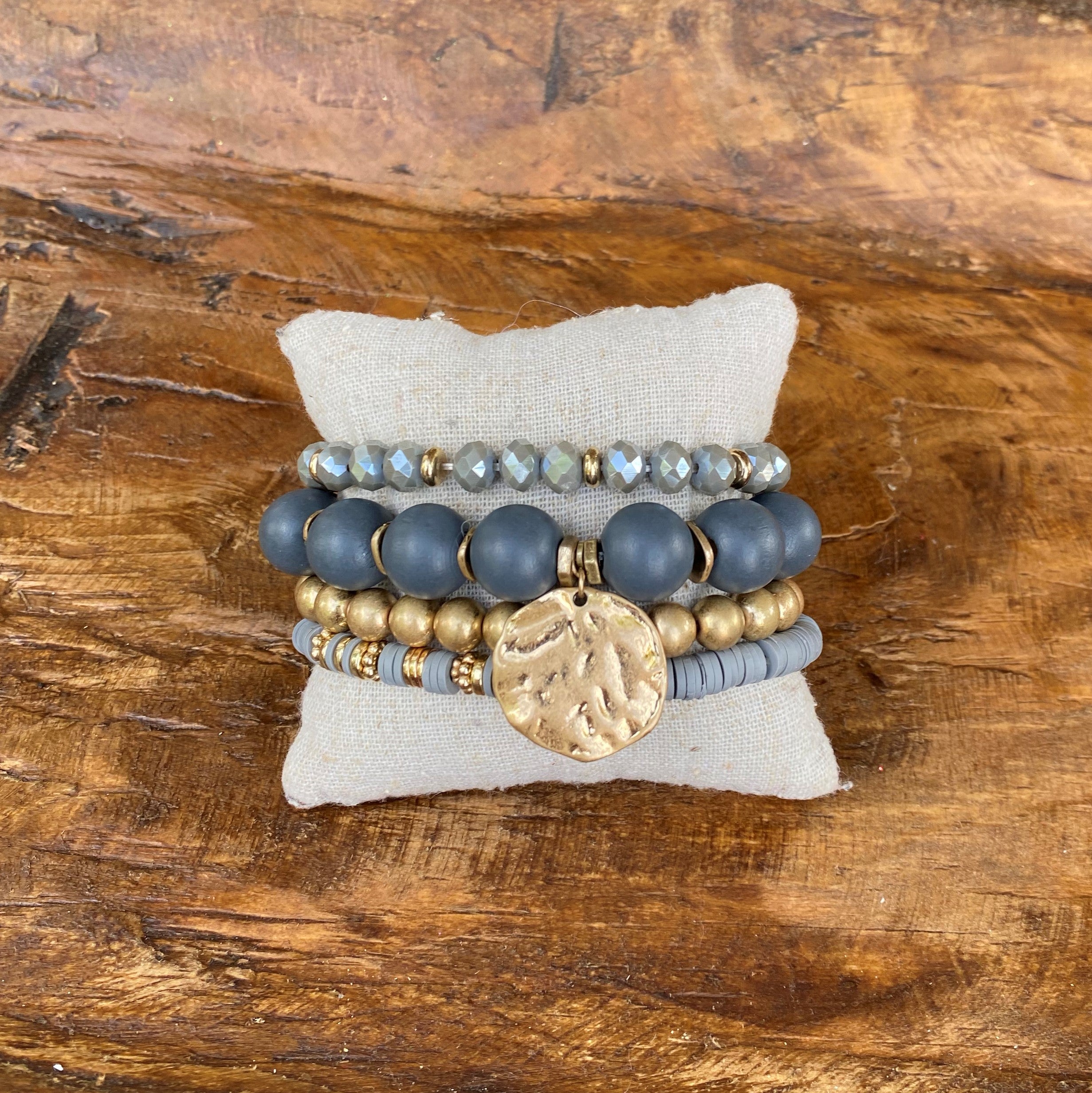 Beaded Bracelets with Gold Hammered Charm