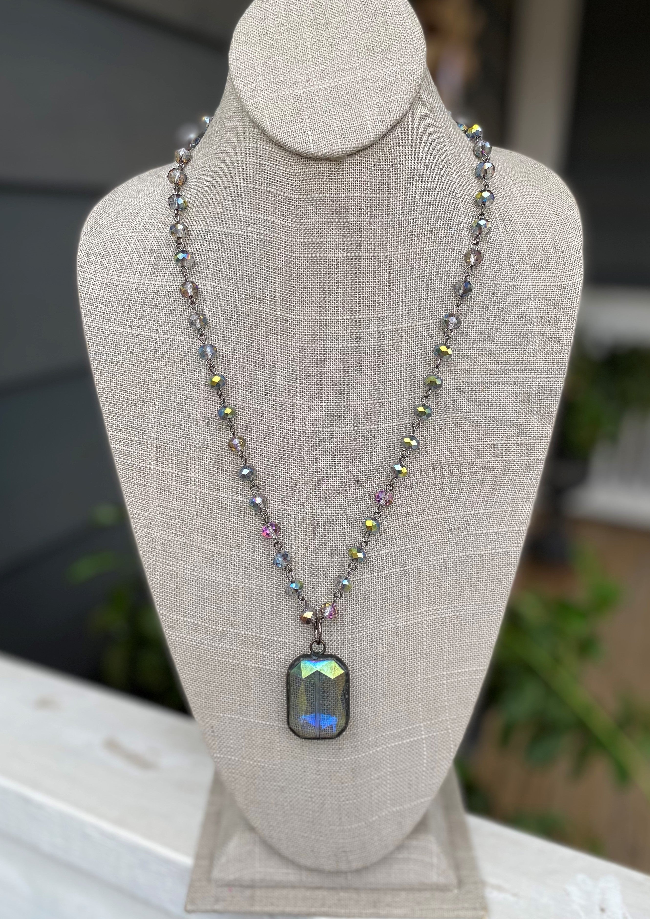 Crystal Rectangle Drop with Beaded Necklace, 36”