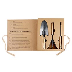What a fun gift for your favorite gardener! The set includes a spade, cultivator and hoe in a fun gift box. Perfect for the gardener in your life!  Dimensions:  Book Box: 9.84W x 12.99H x 1.88D Spade: H 14.4" x W 3" x D 1.75" Cultivator: H 12.5" x W 3" x D 2.25" Hoe: H 13.6" x W 2.8" x D 5.25"