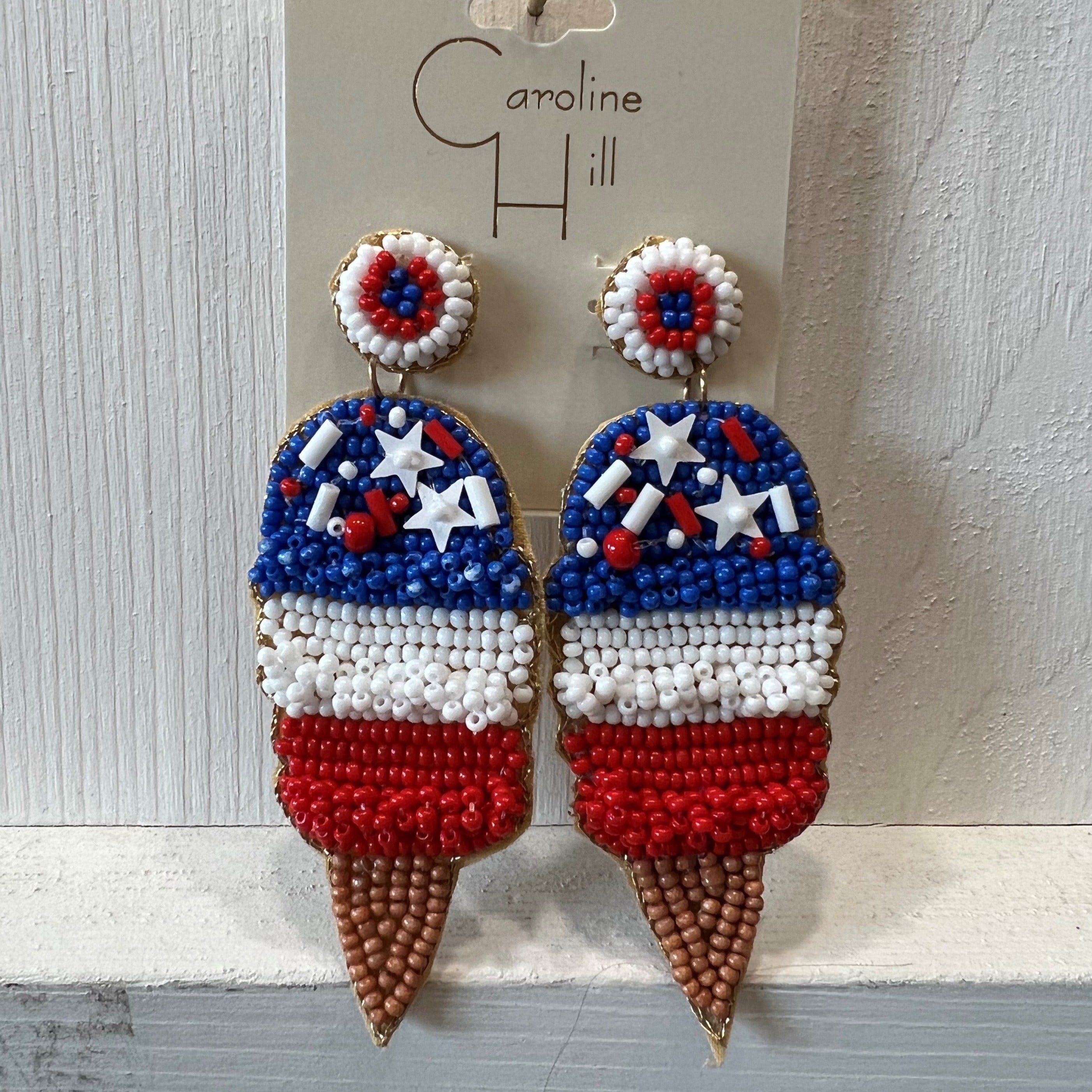 Bright red, white and blue earrings. These beaded earrings are such fun and will be a great addition to your Independence/4th of July day outfit!