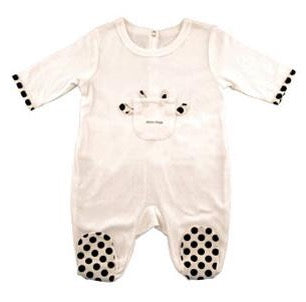 This adorable, white, footed onesie has a little pocket on the front with a cute animal theme. Polka dots on the ends of the sleeves and bottom of the feet add to the cuteness. The french closure on the back provides the perfect place to add a name or a monogram!  Size 0-6 Months and 6-12 Months  100% cotton 