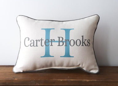 Adorable, custom order pillow for boys, includes first and middle name with last iniitial. You choose colors for letters and piping. 