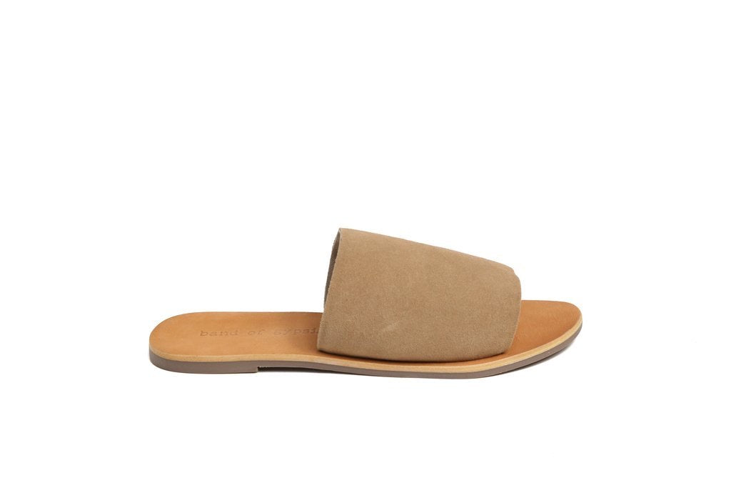 Tan brushed suede slides for summer and they are great for a transition shoe to fall,