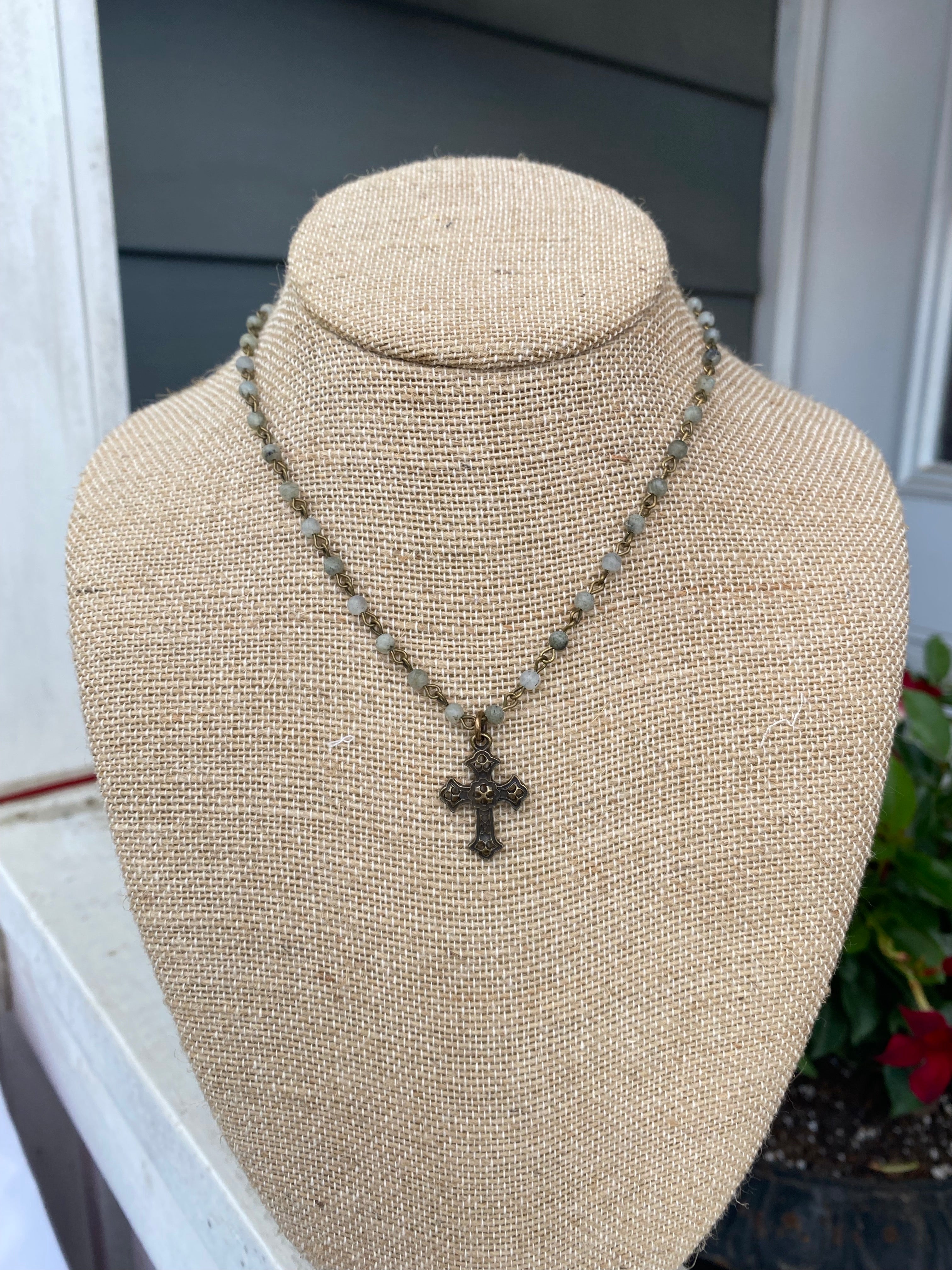 White Beaded Cross Necklace