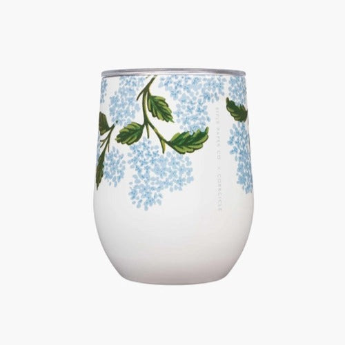 Corkcicle Classic Stemless - 12oz white with blue hydrangeas
