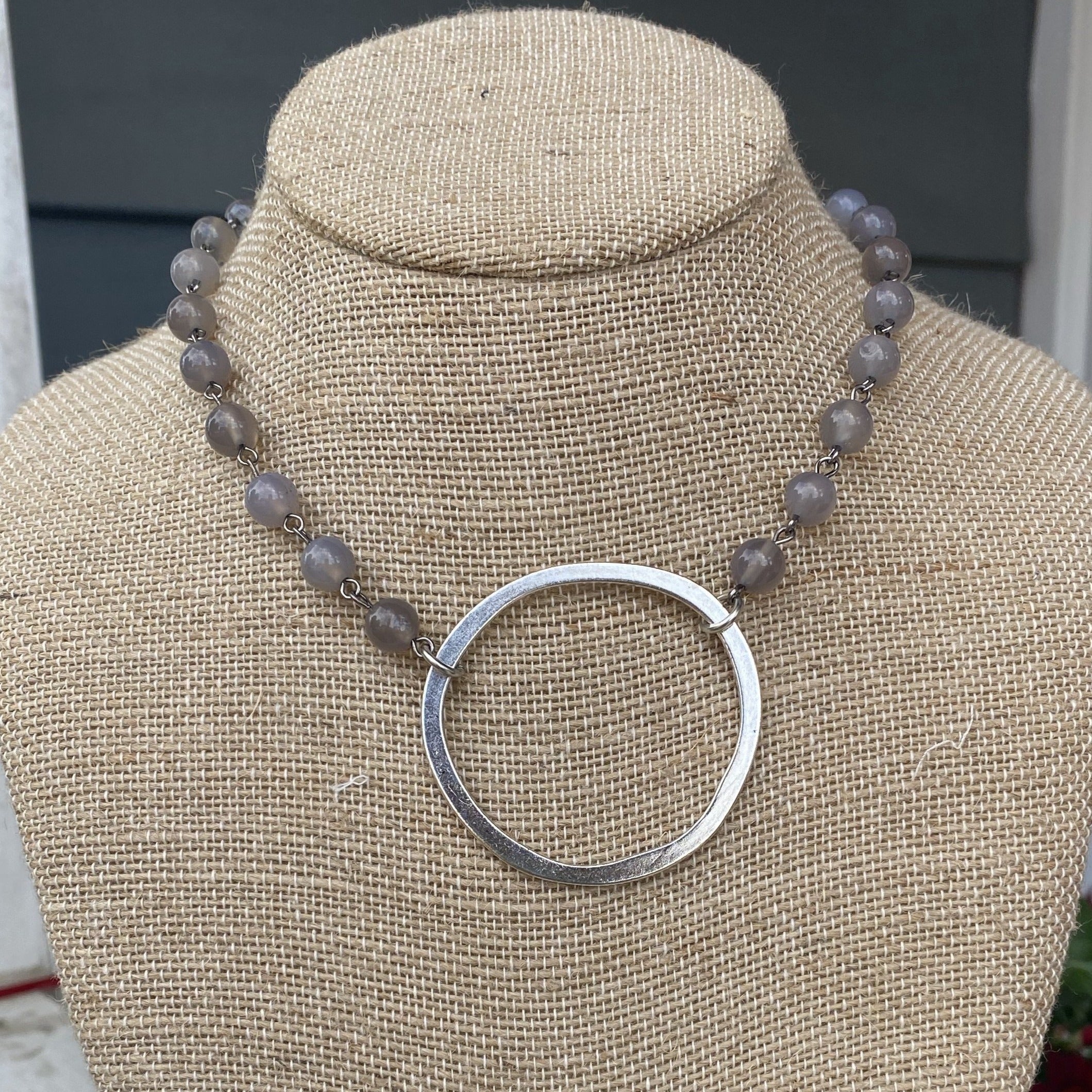 Beaded Necklace with Large Hammered Circle Pendant