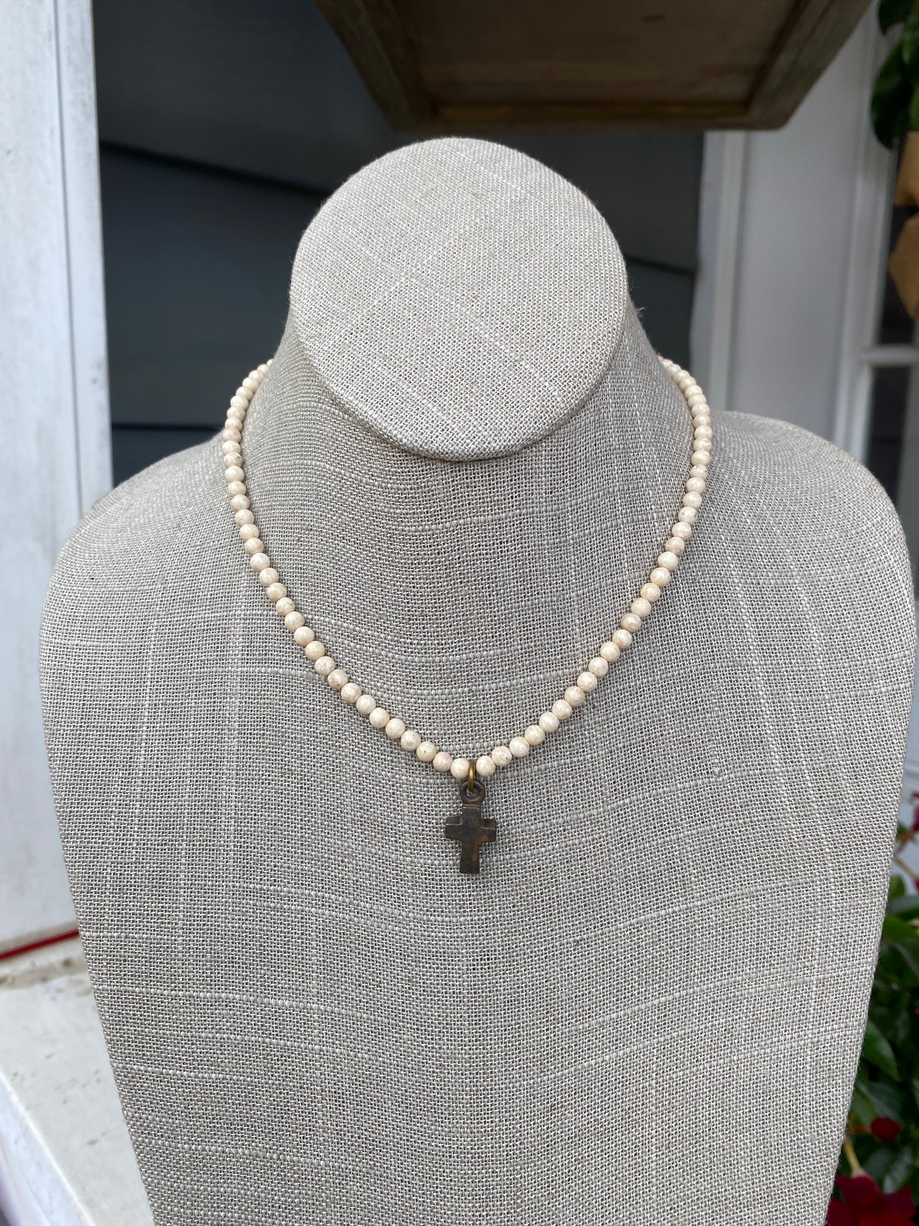 Cream Beaded Cross Necklace