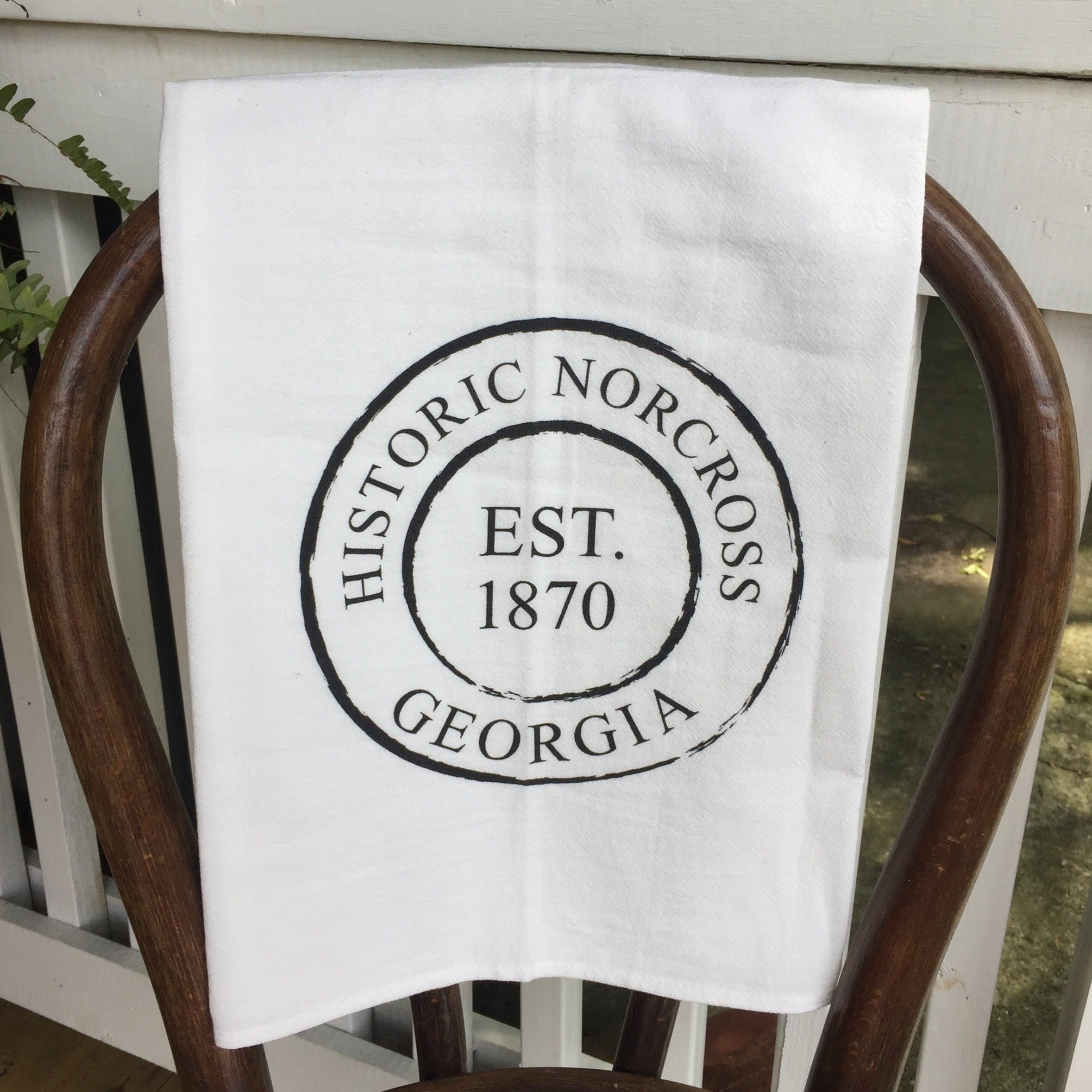 White tea towel with black print - Historic Norcross Georgia EST 1870
