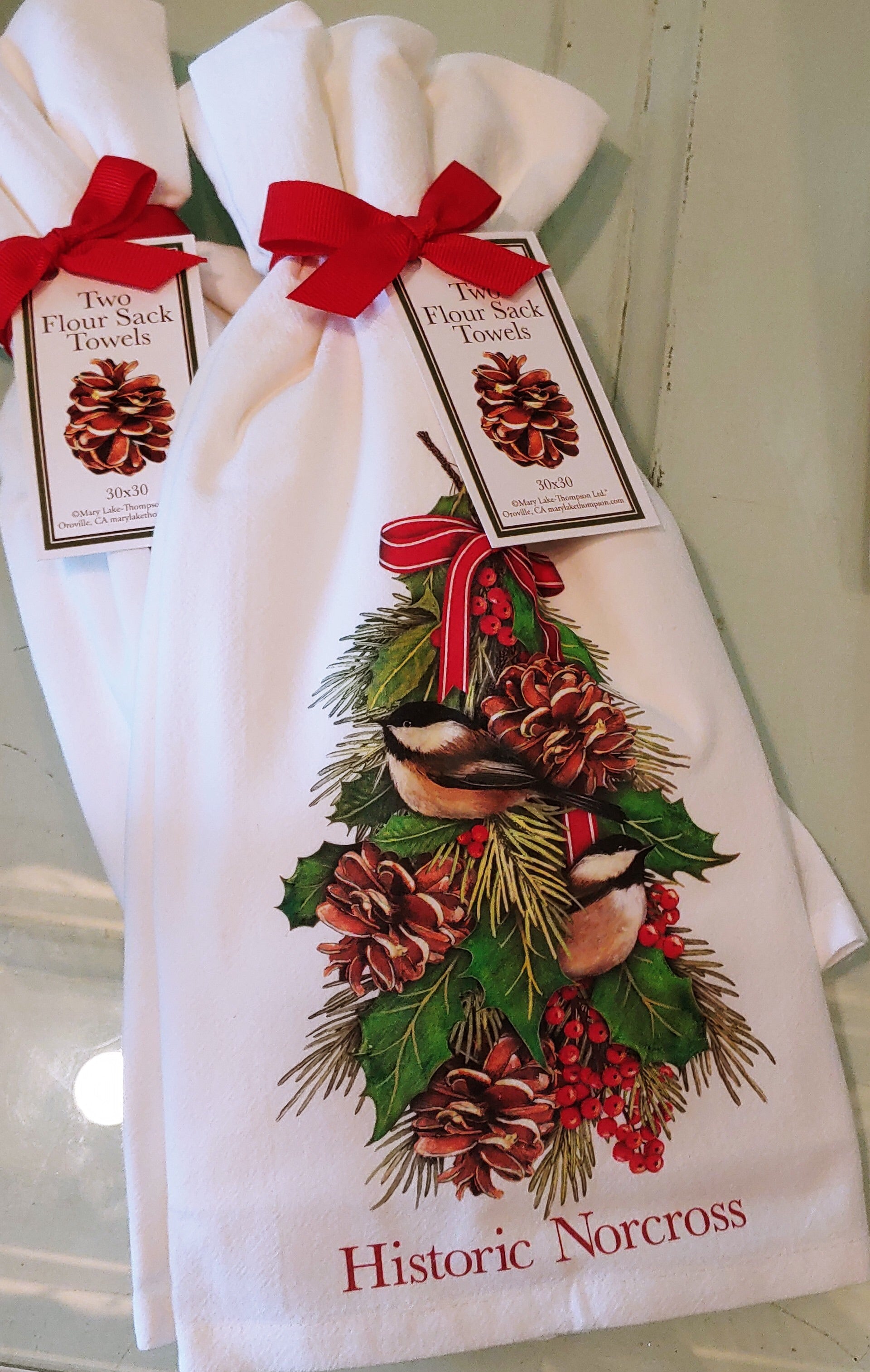 Historic Norcross Chickadee Holly Flour Sack Towels. Set of two