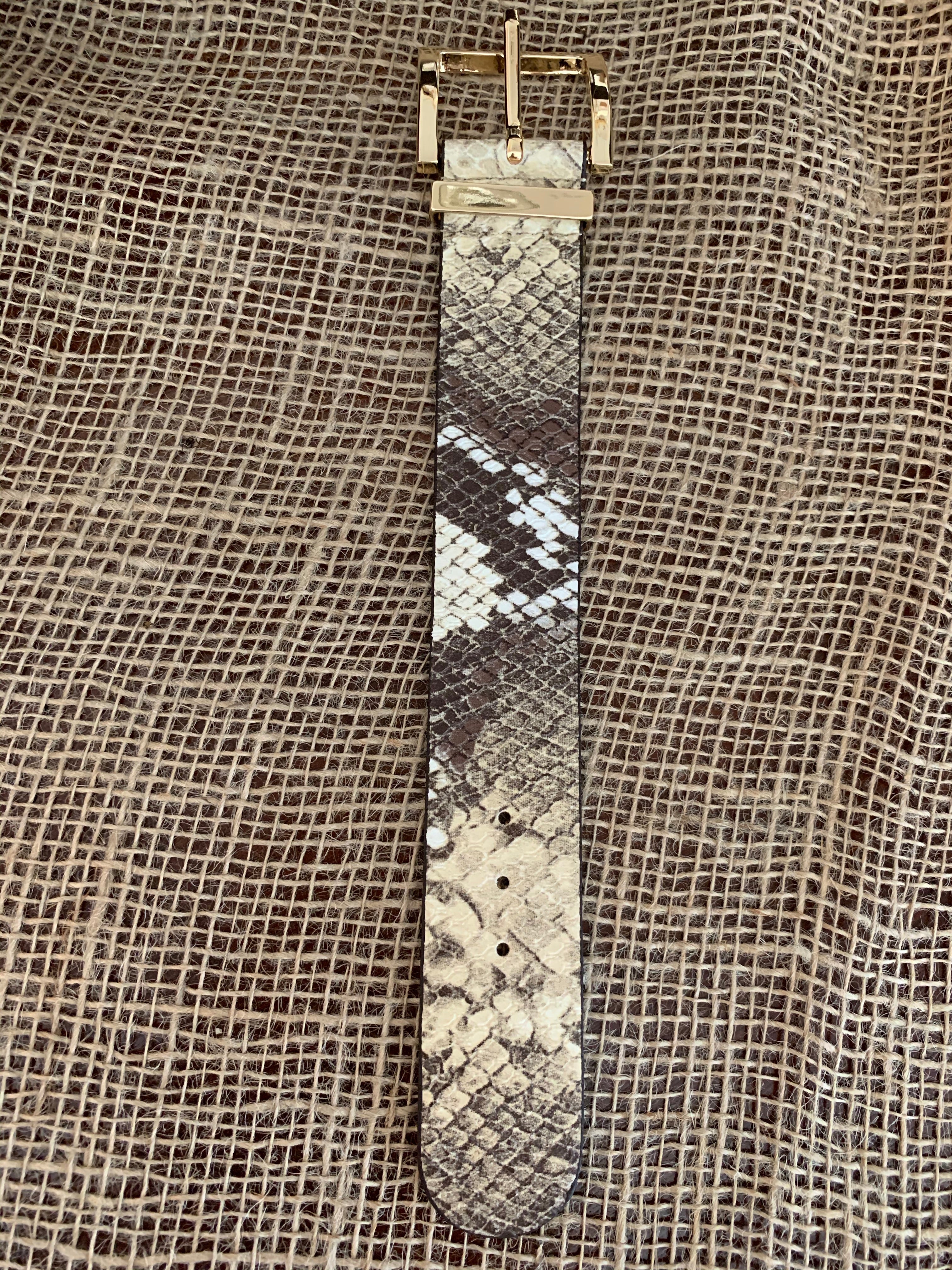 Snake skin print grey  leather belt bracelet with gold buckle fastener